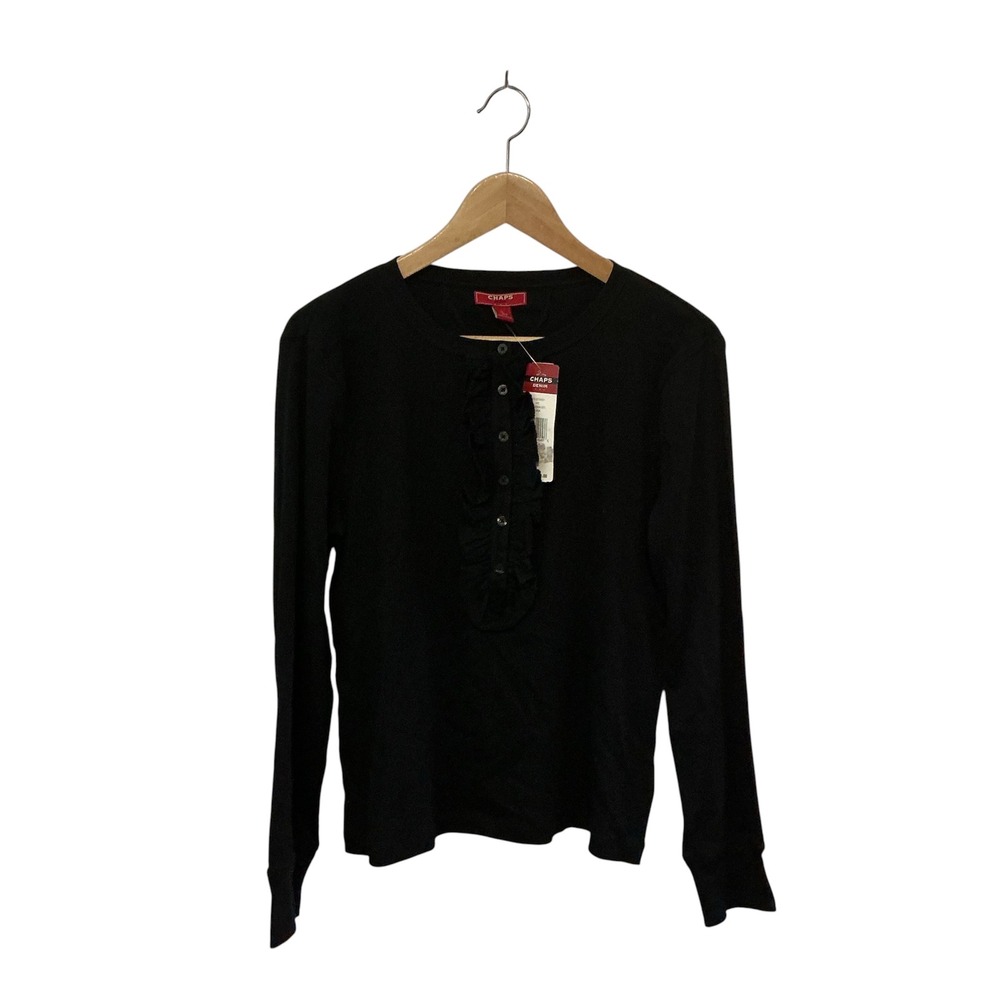 Chaps Denim Vintage Tags Black Ruffle Henley Top‎ NEW Preppy Y2K